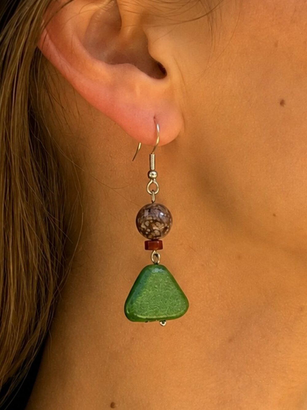 Green Wood Triangle Drop Earrings, Indian Agate & Snowflake Jasper Stone